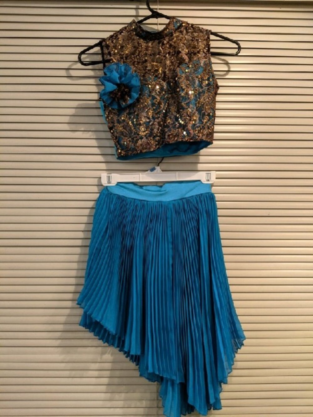 Glamour Two-Piece Blue and Gold Sequined Performance Costume-Small Adult